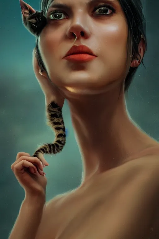 Prompt: A fancy portrait of an attractive women with cat eyes by Greg Rutkowski, beeple, Sung Choi, Mitchell Mohrhauser, Maciej Kuciara, Johnson Ting, Maxim Verehin, Peter Konig, final fantasy, macro lens , 8k photorealistic, cinematic lighting, HD, high details, dramatic, dark atmosphere, trending on artstation