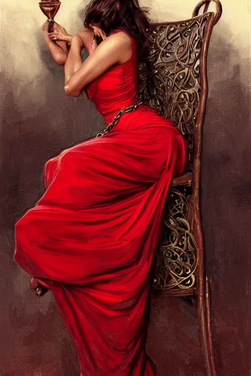 Image similar to deepika padukone, in a red dress, bound with a chair, realistic portrait, symmetrical, angry face, tied with chains, highly detailed, digital painting, artstation, concept art, smooth, sharp focus, illustration, cinematic lighting, art by artgerm and greg rutkowski and alphonse mucha