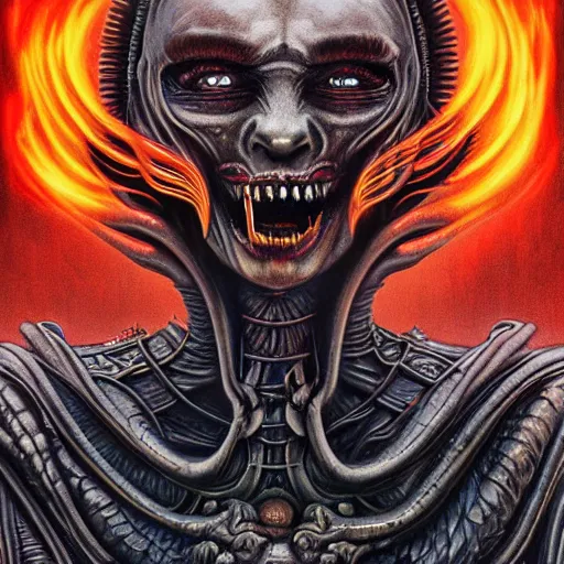 Prompt: giger doom demon portrait, fire and flame , Pixar style, by Tristan Eaton Stanley Artgerm and Tom Bagshaw.