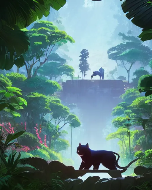 Image similar to a big cat guarding the entrance to a temple, lush vegetation, waterfalls, cory loftis, james gilleard, atey ghailan, makoto shinkai, goro fujita, character art, rim light, exquisite lighting, clear focus, very coherent, plain background, soft painting