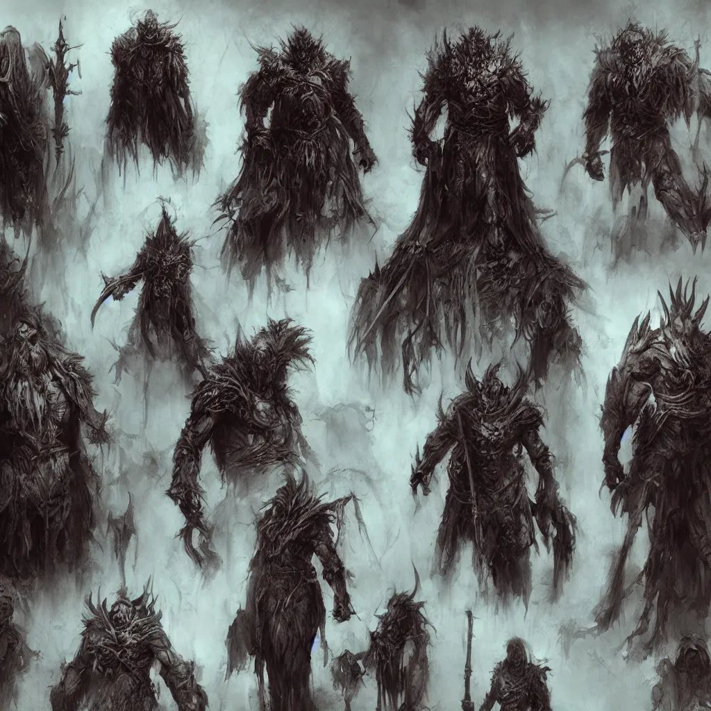 Image similar to feral chieftain charector concept sheet, beksinski, ruan jia, the hobbit orc concept, dark soul concept