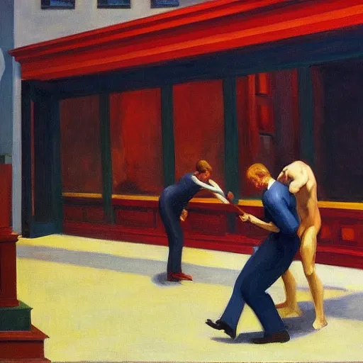 Prompt: a painting done by edward hopper of 4 people beating up a man in the middle of a museum room