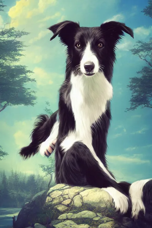 Prompt: sitting border collie with fantasy background by beeple and rossdraws