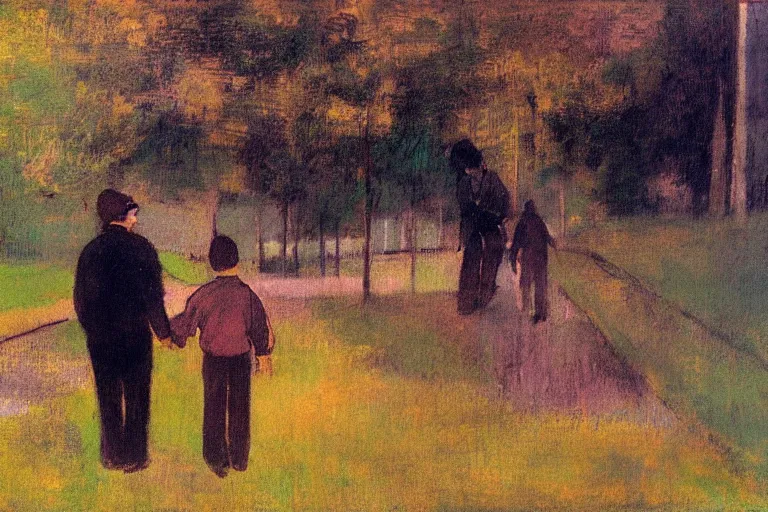 Prompt: a man with dark hair holding the hands of a young boy with dark hair as they walk down a suburban highway on a bright beautiful colorful day. in the style of an edgar degas painting.
