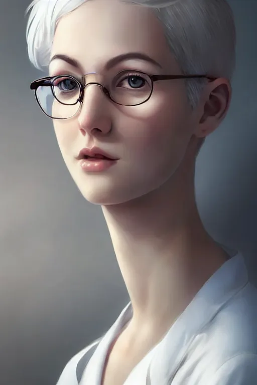 Prompt: a young scientist girl with white iridescent short hair color wearing lab coat and glasses by charlie bowater and titian and artgerm, full - body portrait, intricate, face, elegant, beautiful, highly detailed, dramatic lighting, sharp focus, trending on artstation, artstationhd, artstationhq, unreal engine, 4 k