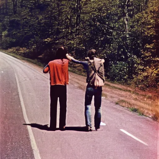Prompt: a 1970's hippie poster with 2 guys hitchhiking at the edge of the road with a caravan