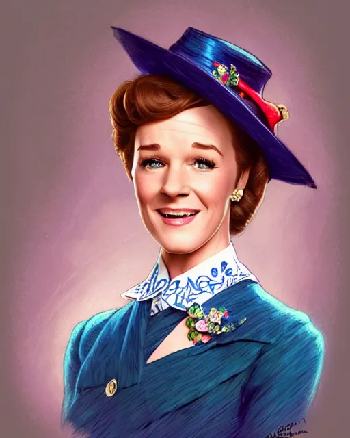 Prompt: Julie Andrews Mary Poppins from Disney 1964 smiling and winking, D&D, fantasy, intricate, elegant, highly detailed, digital painting, artstation, concept art, matte, sharp focus, illustration, hearthstone, art by Artgerm and Greg Rutkowski and Alphonse Mucha