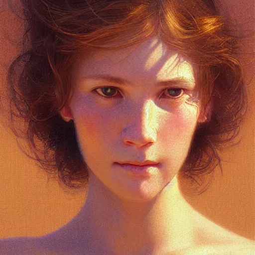 Image similar to Facial portrait of a cute shy woman, looking away from the camera, slight awkward smile, lips slightly parted, no hands visible,, intricate, extremely detailed painting by Henry Justice Ford and by Greg Rutkowski and by Moebius, golden hour