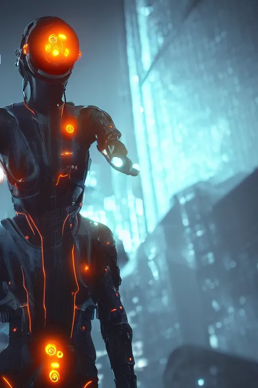 Image similar to Cyberpunk Flame Suit, fantasy, photorealistic, glowing eyes, 4k, cinematic lighting