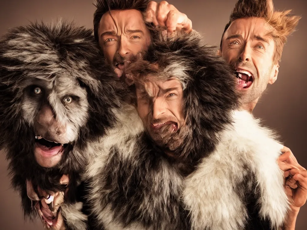 Image similar to Hugh Jackman and Fluffy Furry monster, making silly faces from a stage, movie still, studio lighting, 4k, 8k, high resolution