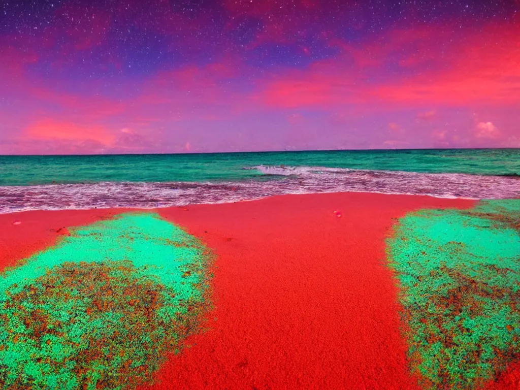 Prompt: purple table, red sand beach, green ocean, nebula sunset