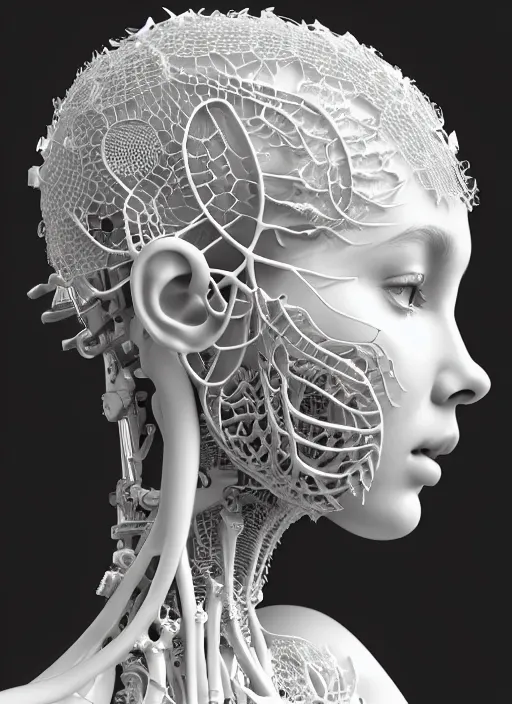 Prompt: complex 3d render ultra detailed of a beautiful porcelain profile woman face, mechanical cyborg, 150 mm, beautiful natural soft light, rim light, silver vanilla details, magnolia big leaves and stems, roots, fine foliage lace, maze like, mesh wire, intricate details, hyperrealistic, ultra detailed, mandelbrot fractal, anatomical, white metal neocubism armor, facial muscles, cable wires, microchip, elegant, octane render, H.R. Giger style, 8k