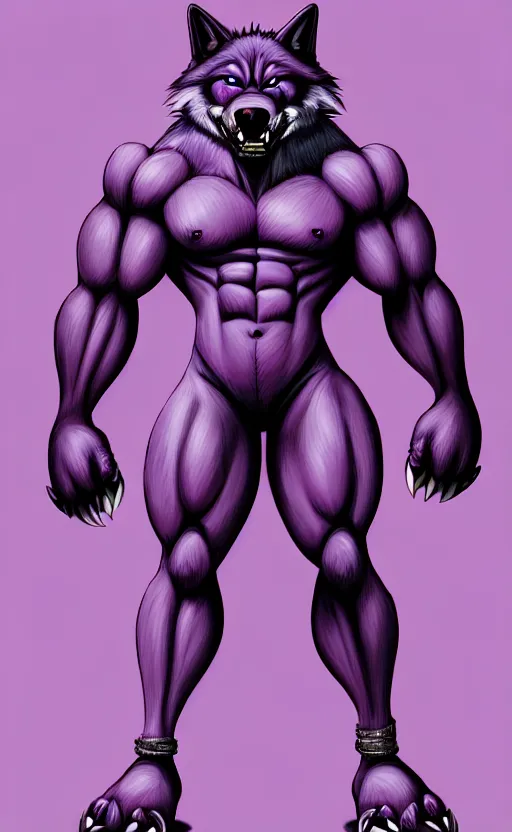 Image similar to painting of an anthropomorphic bulky muscular purple wolf, furry style, wearing jeans, deviant art, fursona, professional furry drawing, insanely detailed, bulky wolf - like face with dragon features, doing a pose from jojo's bizarre adventure, detailed veiny muscles, exaggerated features, beautiful shading, huge teeth, grinning, colorful background