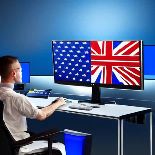 Image similar to european union eu hybrid influencer on blue shirt sitting on chair with eu flag on computer playing games on led keyboard and gaming mouse in style of American propaganda poster, big nosed, eu flag, european union flag, dark and gloom, extremely detailed oil painting, open room, highly detailed, trending on artstation, concept art, sharp focus, illustration, art by artgerm and greg rutkowski and magali villeneuve