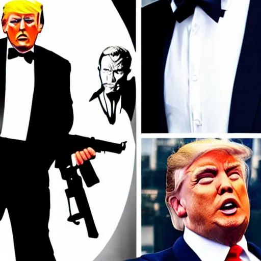 Image similar to Donald Trump as James Bond, action scene, cinematic