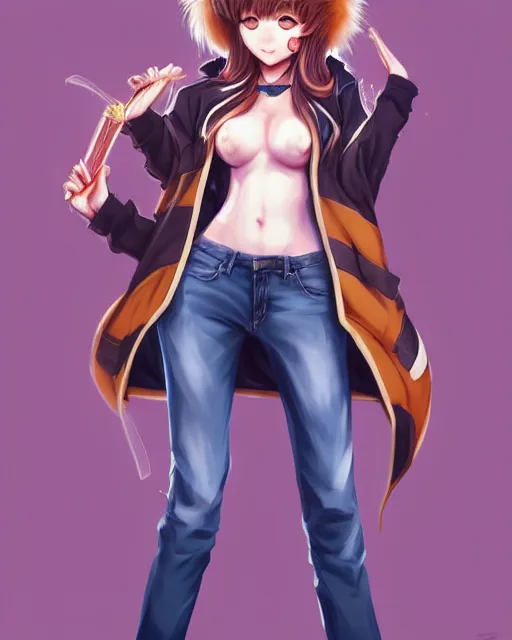 Prompt: fullbody portrait of anthropomorphic half - tiger fluffy cute anime woman in jeans coat, concept art, anime art, by a - 1 picture, trending on artstation artgerm, ross tran, wlop, marc davis