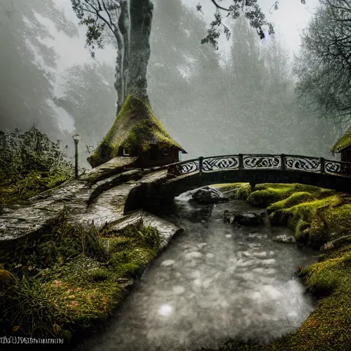 Image similar to inside a medieval hobbit home, ornate, beautiful, atmosphere, vibe, mist, smoke, chimney, rain, wet, pristine, puddles, waterfall, melting, snow, creek, lush, ice, bridge, forest, flowers, akihiko yoshida, james jean