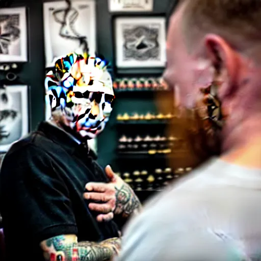 Image similar to putin at a tattoo shop. had a single tattoo of the letter z on his chest. canon eos r 3, f / 1. 4, iso 2 0 0, 1 / 1 6 0 s, 8 k, raw.