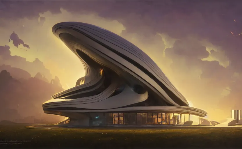 Image similar to exterior shot of utopian architecture laboratory with cinematic lighting by zaha hadid and renzo piano, darek zabrocki and greg ruthkowski, alphonse mucha, simon stalenhag, cinematic, lambda shape, scifi, futurism, atmospheric, sunset, concept art, artstation, trending on artstation