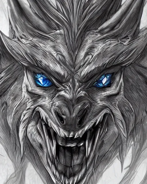 Prompt: A minotaur wolf, terrifying face, highly detailed face, close-up, fantasy art, monster art, in the style of masami kurumada, illustration, epic, fantasy, intricate, hyper detailed, artstation, concept art, smooth, sharp focus, ray tracing