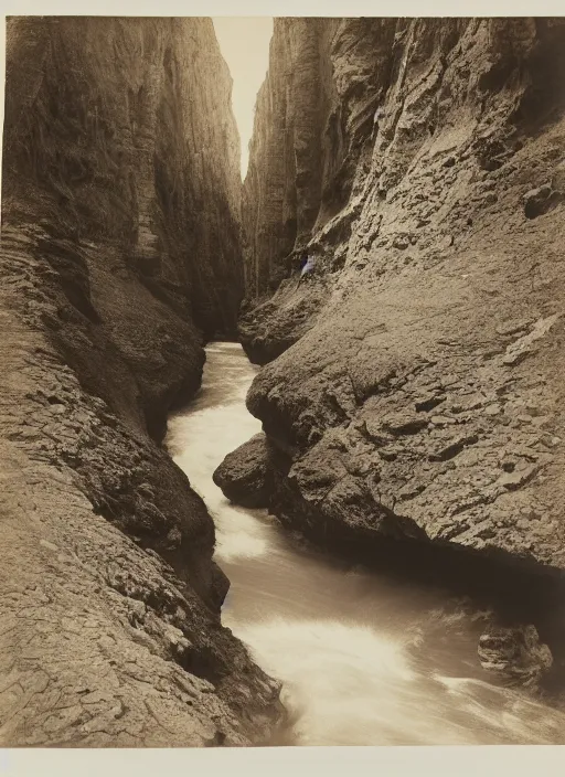 Image similar to Photograph of rushing water at the bottom of a Canyon, huge cliffs, sparse desert vegetation, albumen silver print, Smithsonian American Art Museum