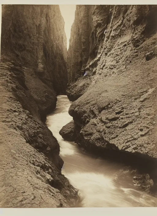 Prompt: Photograph of rushing water at the bottom of a Canyon, huge cliffs, sparse desert vegetation, albumen silver print, Smithsonian American Art Museum