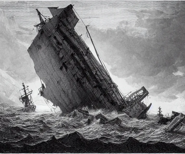 Image similar to an engraving of a shipwreck in the arctic by gustave dore, john blanche, ian miller, highly detailed, strong shadows, depth, illuminated focal point, lithograph engraving