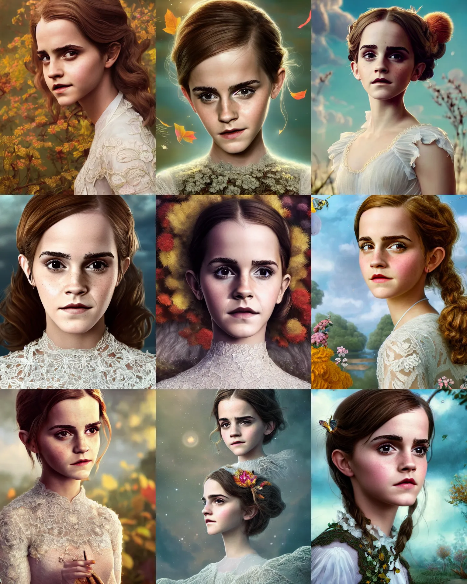 Prompt: portrait painting of an extremely cute and adorable very beautiful emma watson as nature celestial lace, character design by mark ryden and pixar and hayao miyazaki, unreal 5, daz, hyperrealistic, octane render, cosplay, rpg portrait, dynamic lighting, intricate detail, harvest fall vibrancy, cinematic