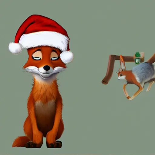 Prompt: fox wearing a santa hat, disney Zootopia concept artwork