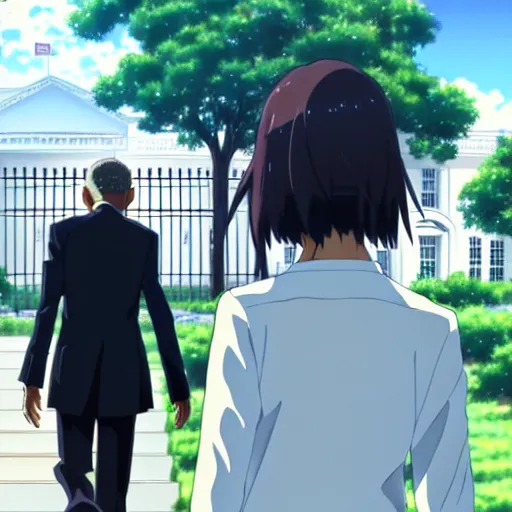 Image similar to beautiful makoto shinkai anime style digital painting portrait of barack obama at the white house walking away from a woman, heartbroken, 4 k, 8 k, hd, high resolution, highly detailed, intricate detail, ultra realistic faces, digital art, trending on artstation, your name, weathering with you