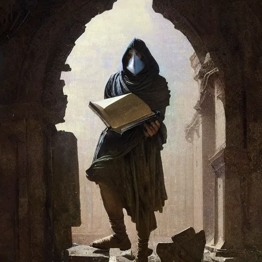 Image similar to half portait of wizzard wearing a closed cowl and big old book! chained to the wrist, jeremy mann, jean - leon gerome, tiepolo, alphonse mucha, greg rutkowski, face in the shadows, ( ( ruins of ancient rome ) ), at dusk, mysterious atmosphere, sunrays, dof, high detailed, 8 k