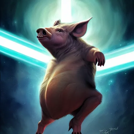 Image similar to cute anthropomorphic boar full as an jedi in a spaceship, body portrait, divine lightning, by greg rutkowski, by charlie bowater