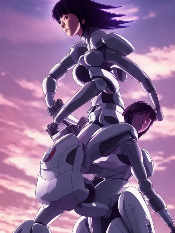 Image similar to a fullbody action still of motoko kusanagi riding on top of a tachikoma, the major ghost in the shell : : stand alone complex, under repairs, maintenance : : by ilya kuvshinov, rossdraws, artgerm, sola digital arts, anti aliasing, raytracing : :