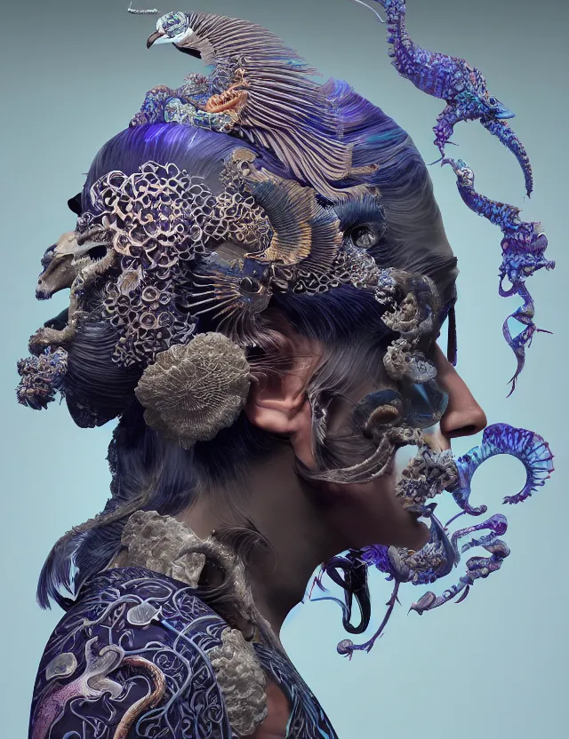 Image similar to 3 d goddess close - up profile portrait biomechanics with ram skull. beautiful intricately detailed japanese crow kitsune mask and clasical japanese kimono. betta fish, jellyfish phoenix, bio luminescent, plasma, ice, water, wind, creature, artwork by tooth wu and wlop and beeple and greg rutkowski