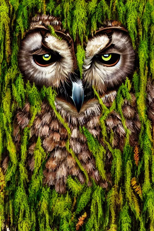 Image similar to an owl made of moss, symmetrical, highly detailed, digital art, sharp focus, amber eyes, ferns, trending on art station