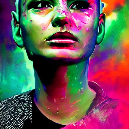 Image similar to splashes of neon clouds, mowhawk, punk women portrait made out of paint with rain in the background, trending on artstation, epic composition, emotional, beautiful, rendered in octane, highly detailed, realistic, comic book art, sharp focus, matte painting, unreal engine