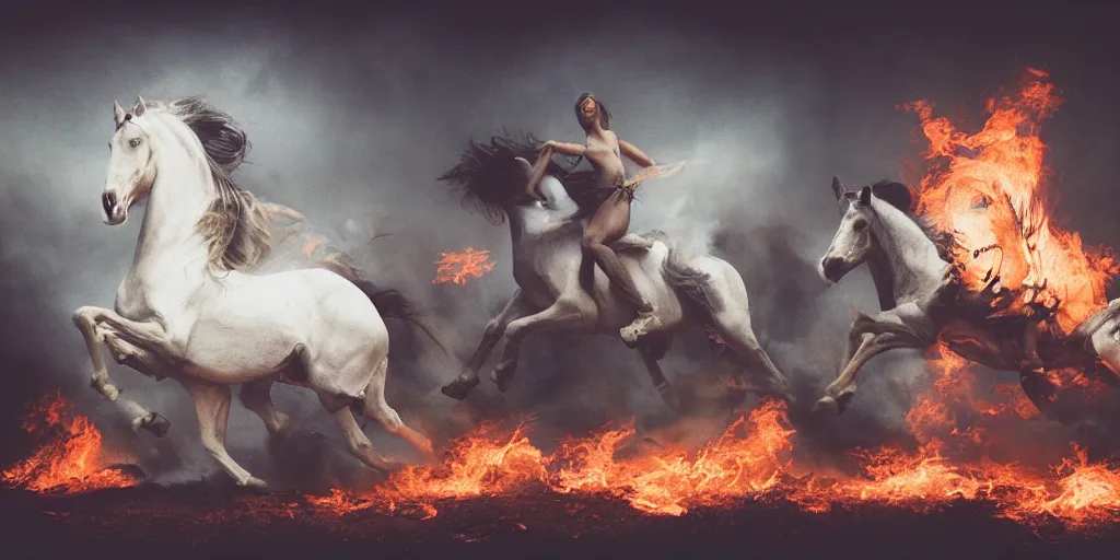 Image similar to A polaroid photo of white horses running from a carousel on fire, big flames, smoke, dirt, eerie ambient, low light, wide angle, detailed,by Ruan Jia and Mandy Jurgens and Artgerm and William-Adolphe Bouguerea