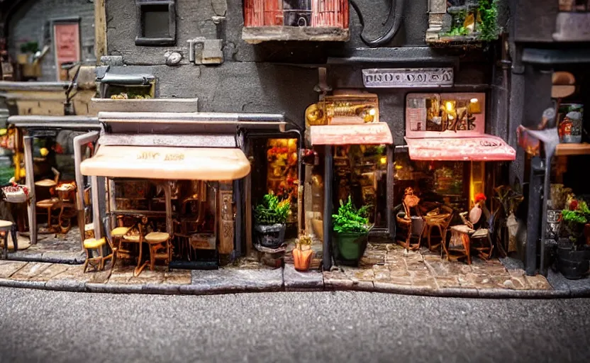 Prompt: miniature cafe diorama macro photography, cafe for mice, alleyway, ambient, atmospheric photograph, romantic