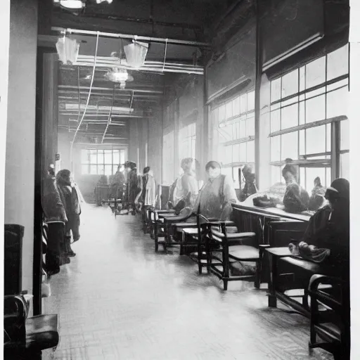 Prompt: an image of a civic hospital clinic, in a medium full shot, russian and japanese mix, high - key lighting, warm lighting, overcast flat midday sunlight, a vintage historical fantasy 1 9 1 5 photo from life magazine, professional cooperate, the new york times photojournalism.