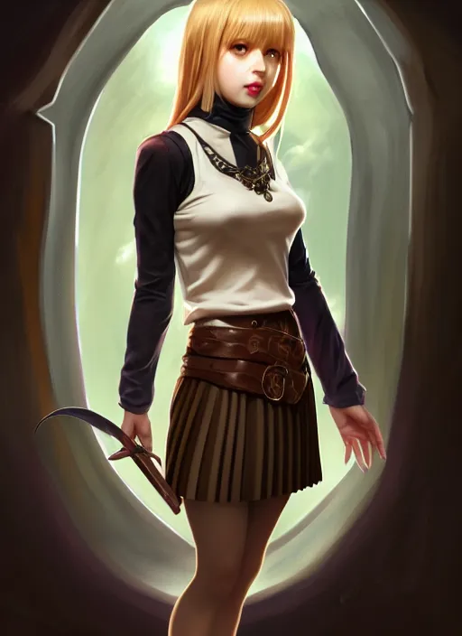 Image similar to portrait of a full body of beautiful young female detective, d & d, sleeveless turtleneck, pleated skirt, fantasy, flat lighting, intricate, highly detailed, digital painting, artstation, concept art, smooth, sharp focus, illustration, misa amane, art by simon bisley and greg rutkowski and alphonse mucha, natural tpose