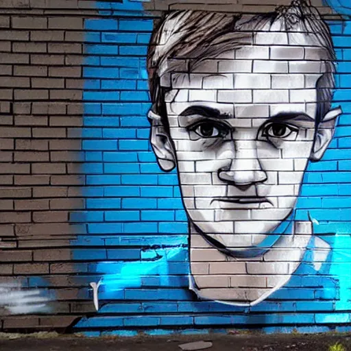 Prompt: spray paint graffiti of vitalik buterin Ethereum on walls in the style of banksy