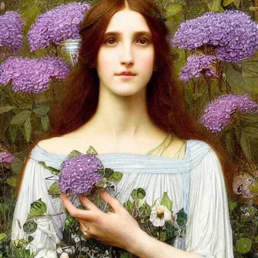 Prompt: Symmetric Pre-Raphaelite painting of a beautiful woman with dark hair in a transparent silk light blue dress, surrounded by a halo of flowers and highly detailed neural networks and highly detailed geometric drawings and highly detailed mathematical drawings, by John William Waterhouse, Pre-Raphaelite painting