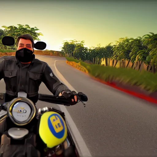 Image similar to a photo of jair messias bolsonaro driving a motorcycle in direction of a sunset, unreal engine 5, 4 k