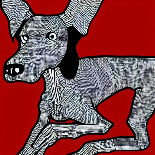 Prompt: pushead skeletal doberman pinscher running in a grassy field style of geoff darrow veterinary medical diagram aerial horror red monochrome optical illusion 1 0 2 4 x 1 0 2 4