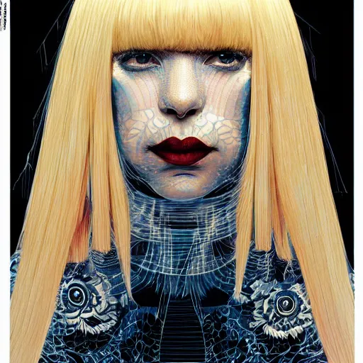 Image similar to portrait of crazy sia kate isobelle furler, symmetrical, glamour, by yoichi hatakenaka, masamune shirow, josan gonzales and dan mumford, ayami kojima, takato yamamoto, barclay shaw, karol bak, yukito kishiro