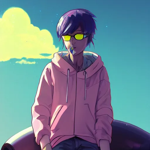 Image similar to android mechanical cyborg anime guy overlooking overcrowded urban dystopia sitting. Pastel pink clouds baby blue sky. Gigantic future city. Raining. Makoto Shinkai. Wide angle. Distant shot. Purple sunset. Sunset ocean reflection. Pink hair. Pink and white hoodie. Cyberpunk. featured on artstation. robotic wired knee. Wearing a sweater.-S 1216826879