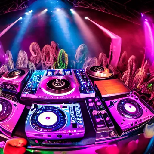 Image similar to award winning photo of an octopus dj with tentacles simultaneously placed turntables cdjs and knobs of a pioneer dj mixer. sharp, blue and fuschia colorful lighting, in front of a large crowd, studio, medium format, 8 k detail, volumetric lighting, wide angle, at an outdoor psytrance festival main stage at night