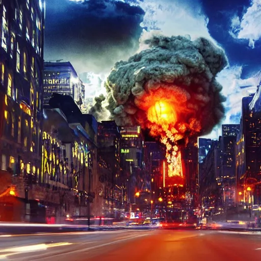 Image similar to centered action photography shot of extremely detailed hyper realistic nuclear bomb explosion in a city, professional film photography, 8 k, cinematic framing,