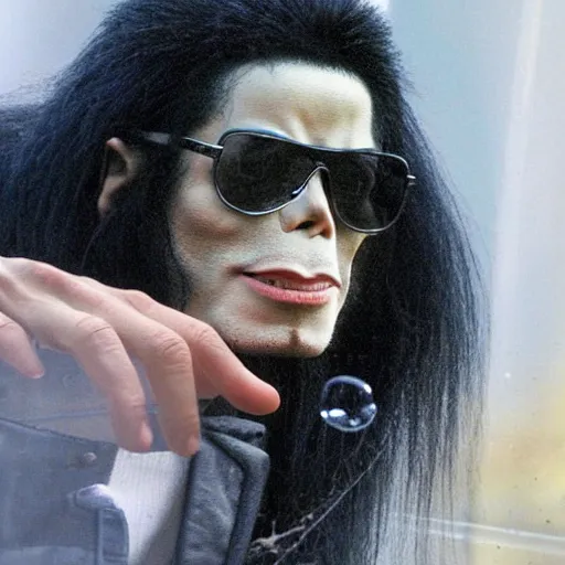 Image similar to michael jackson 2 0 0 9 wearing shades, alone, this is it style, photo real, pores, motion blur, sitting with bubbles the chimp window open, real life, spotted, ultra realistic face, accurate, 4 k, movie still, uhd, sharp, detailed, cinematic, render, modern