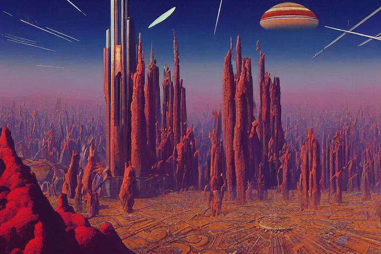 Prompt: clear crisp cloisonnism painting of megacity 1 from judge dredd megacity 1 from judge dredd in no mans sky no mans sky | crisp, masterpiece moebius syd mead bekskinski